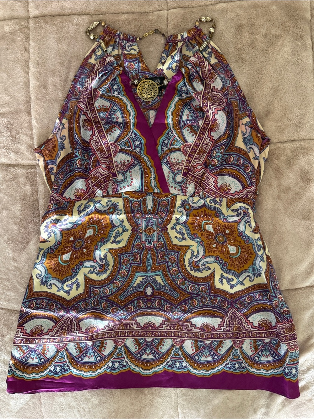 Nicole by Nicole Miller Purple Multi Paisley Halter Blouse